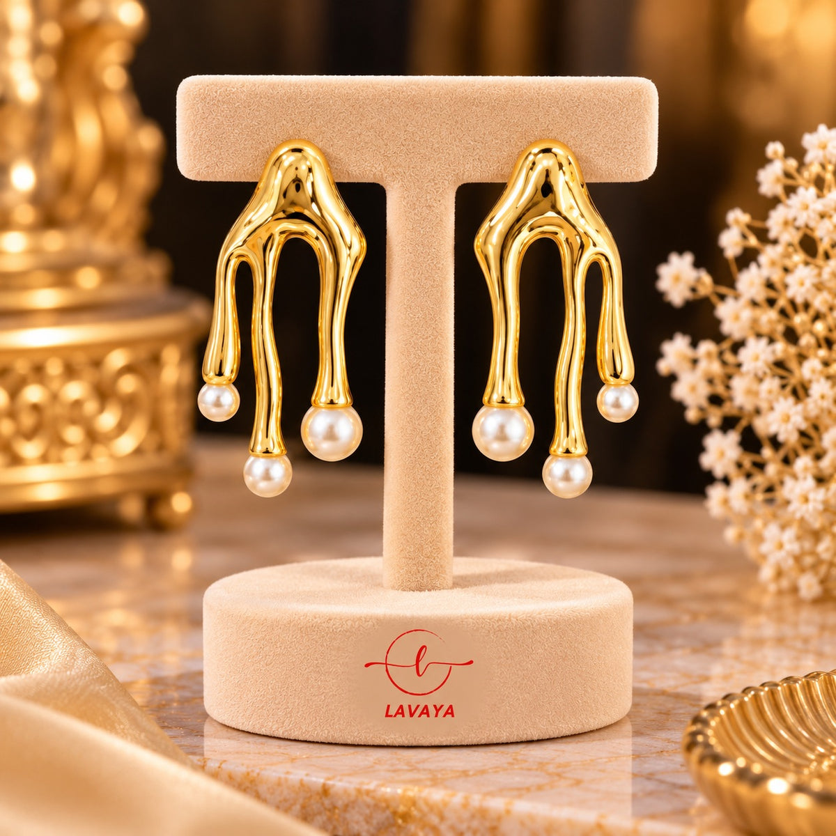 Lavaya Luxury Gold-Tone Pearl Embellished Abstract Drip Drop Earrings for Women