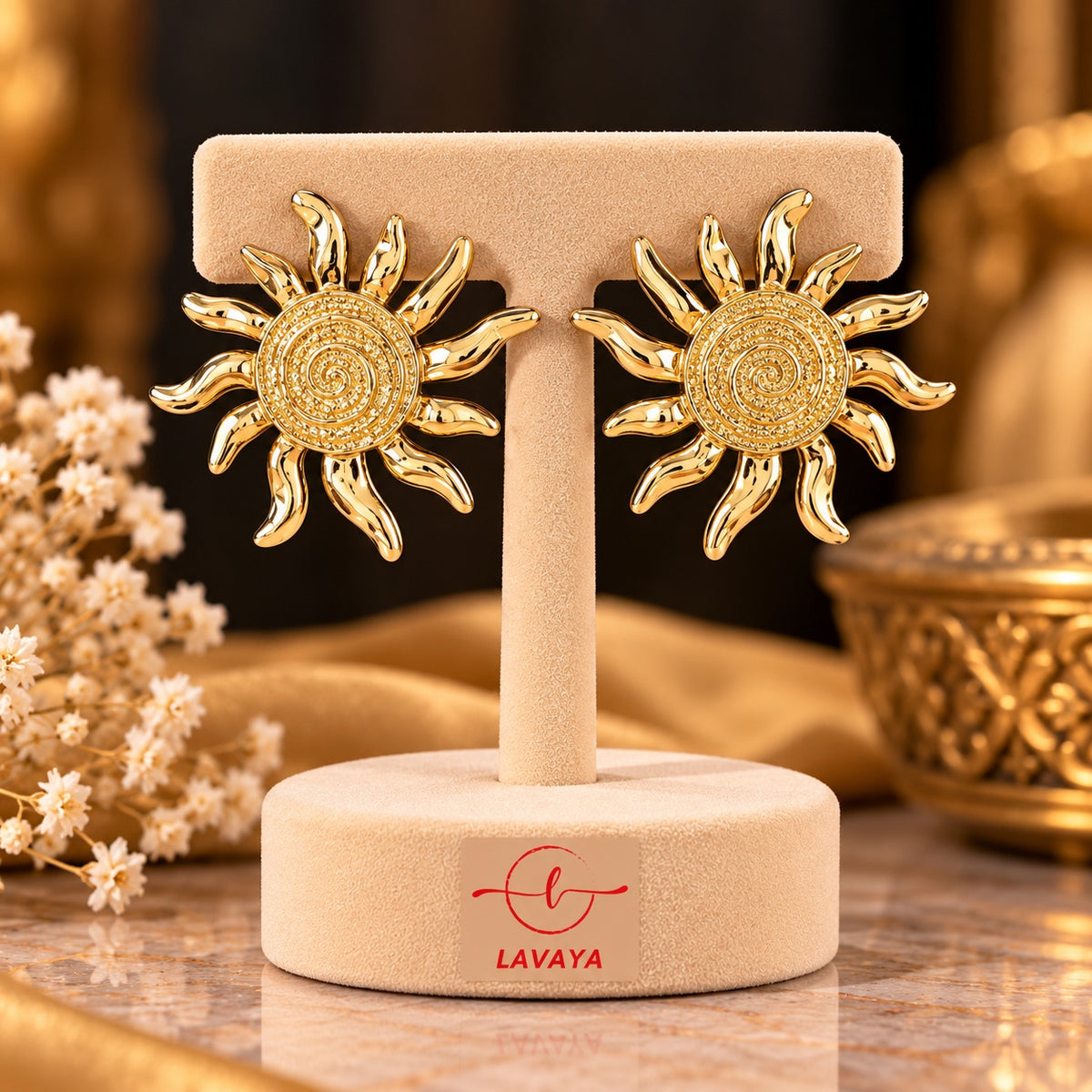 Lavaya Luxury Gold-Tone Sunburst Spiral Stud Earrings for Women