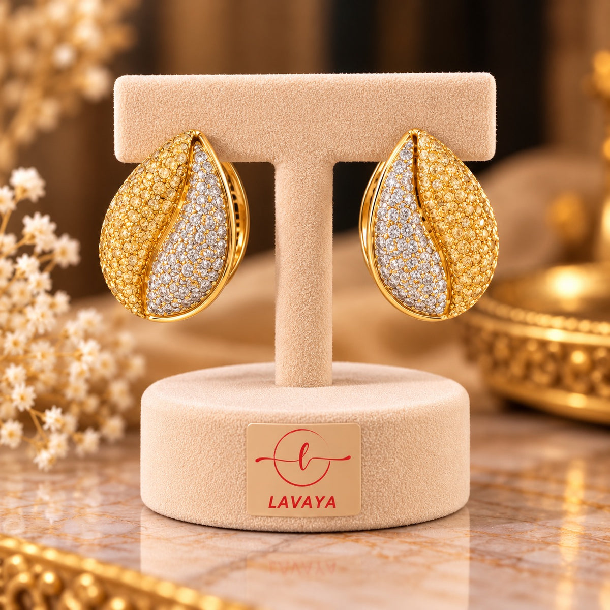 Lavaya Luxury Gold-Tone Two-Tone Crystal Embellished Leaf Stud Earrings for Women