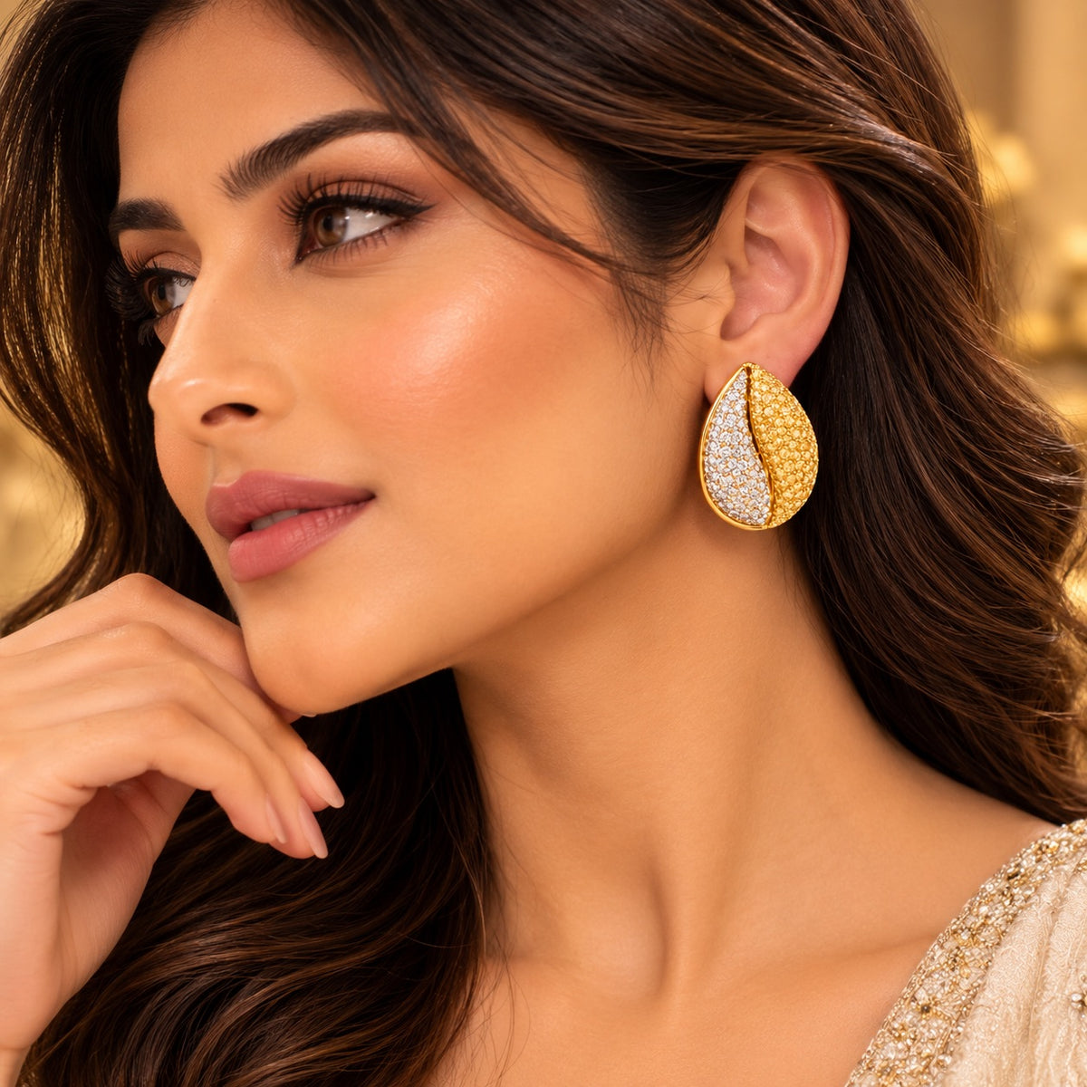 Lavaya Luxury Gold-Tone Two-Tone Crystal Embellished Leaf Stud Earrings for Women