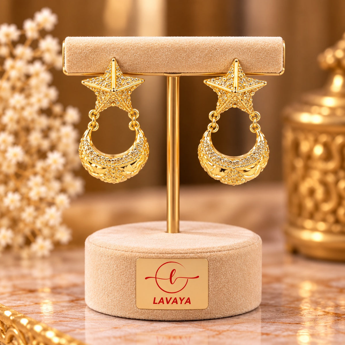 Lavaya Luxury Gold-Tone Crystal Embellished Star & Crescent Moon Drop Earrings for Women