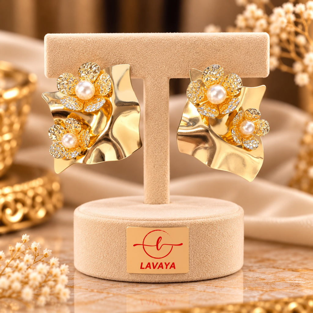 Lavaya Premium Gold-Tone Pearl Floral Statement Earrings for Women – Elegant Double Flower Design with Sparkling Stone Detailing & Sculptural Wavy Finish. NO PRICE
