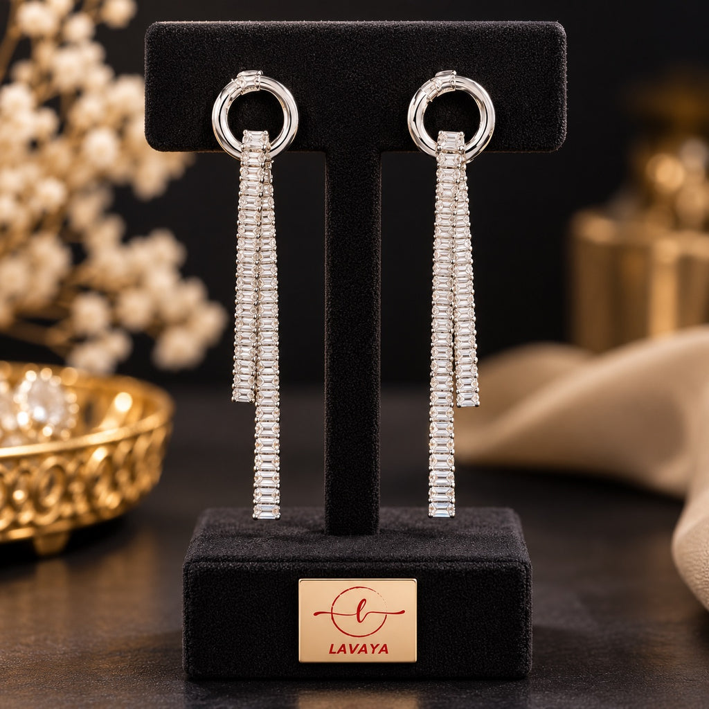 Lavaya Luxury Silver-Tone Crystal Embellished Long Tassel Drop Earrings for Women