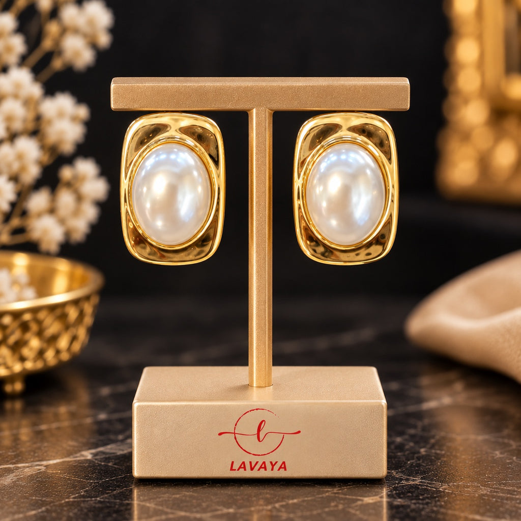Lavaya Luxury Gold-Tone Oval Pearl Statement Stud Earrings for Women