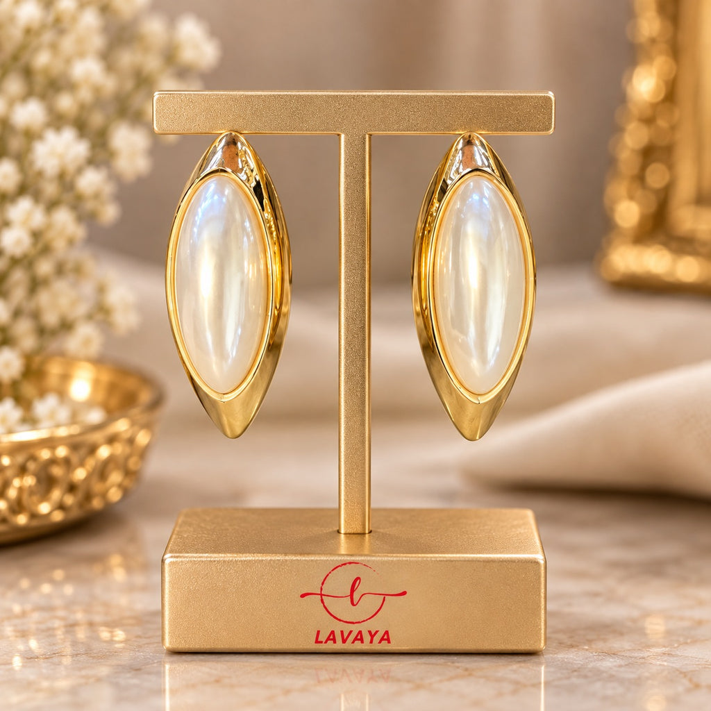 Lavaya Luxury Gold-Tone Elongated Oval Pearl Statement Earrings for Women