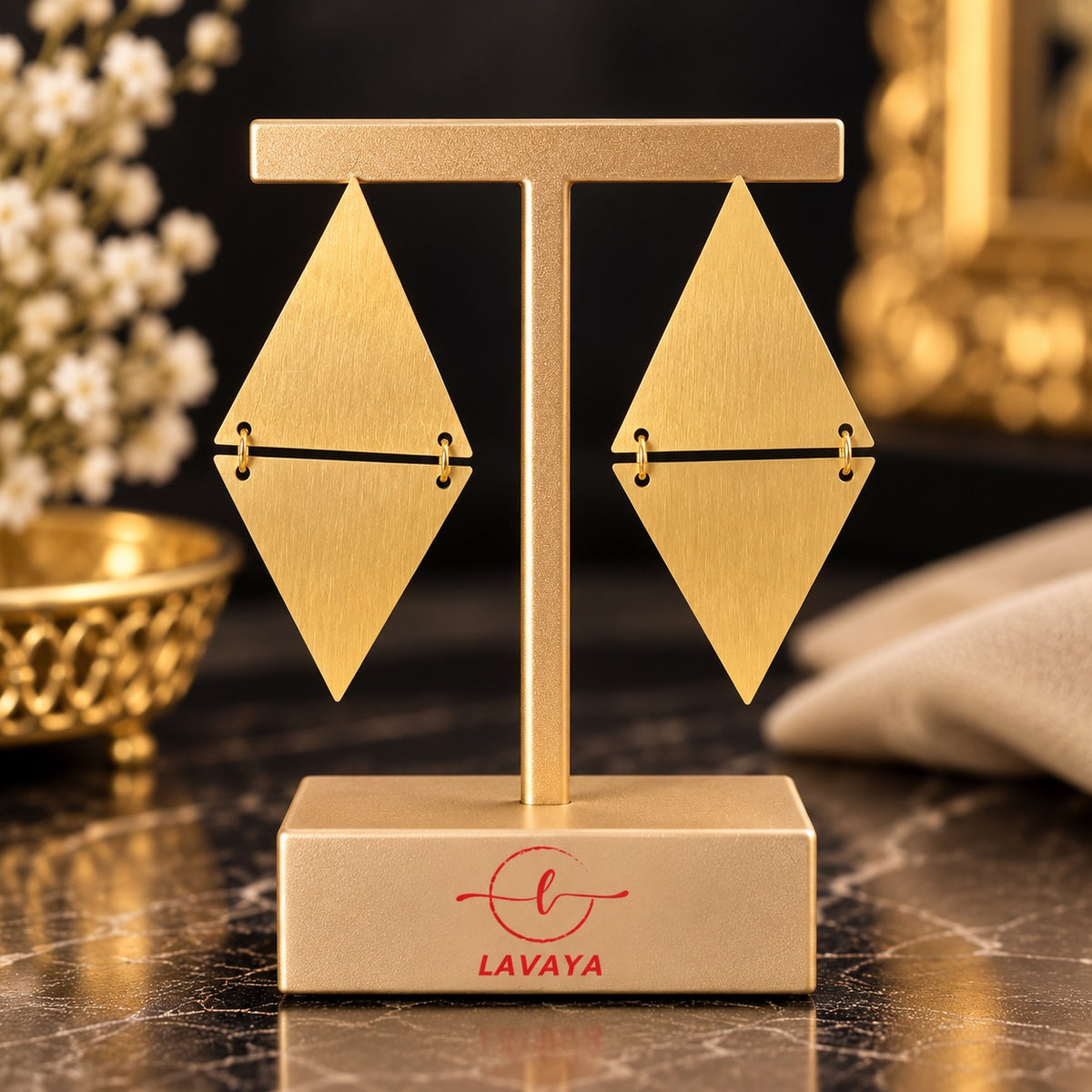 Lavaya Premium Gold-Tone Geometric Diamond-Shaped Drop Earrings for Women – Elegant Double Triangle Design with Brushed Matte Finish, Modern Minimalist Statement Jewellery.  NO PRICE