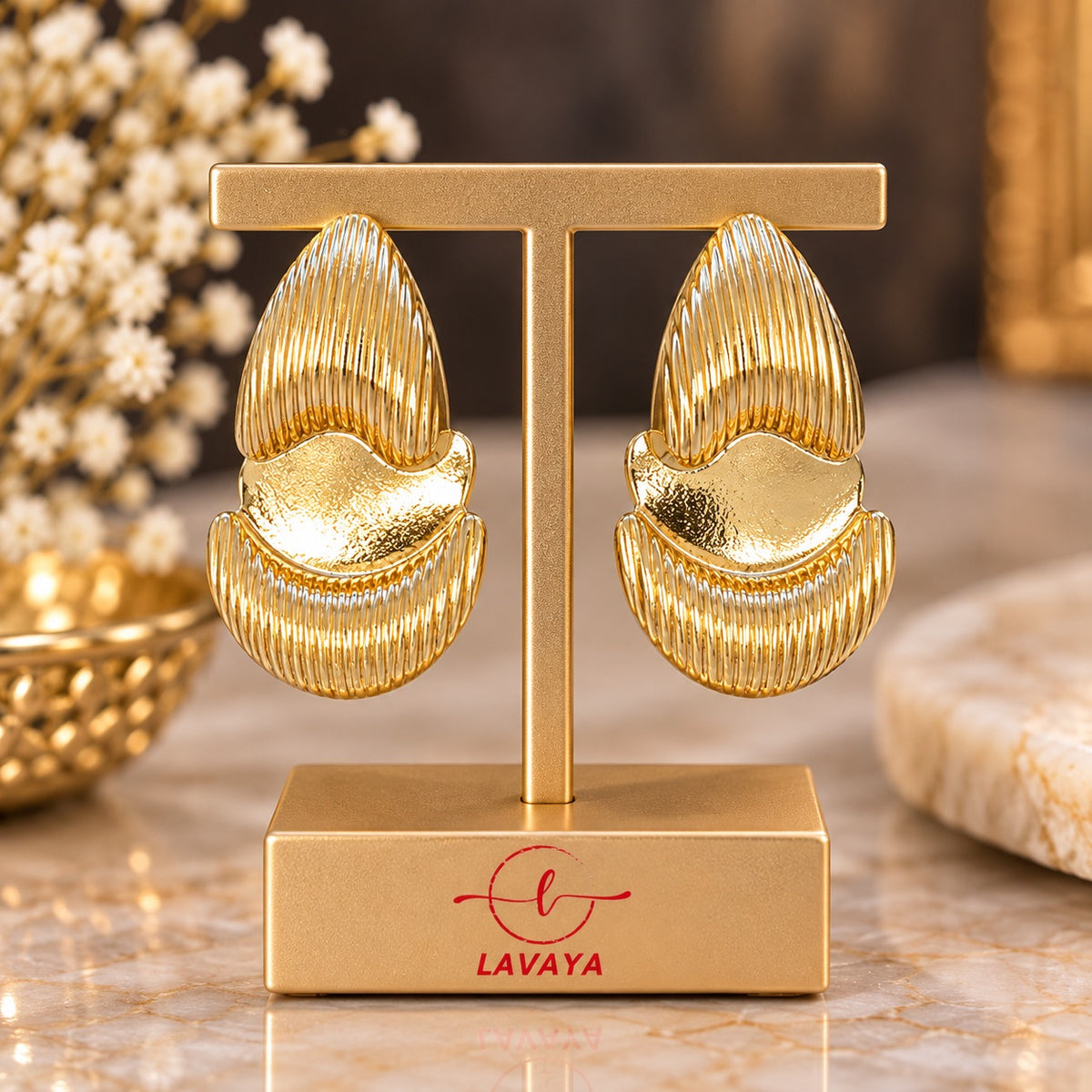 Lavaya Golden Royal Bloom Textured Statement Stud Earrings for Women | Elegant Ribbed Leaf-Inspired Geometric Earrings