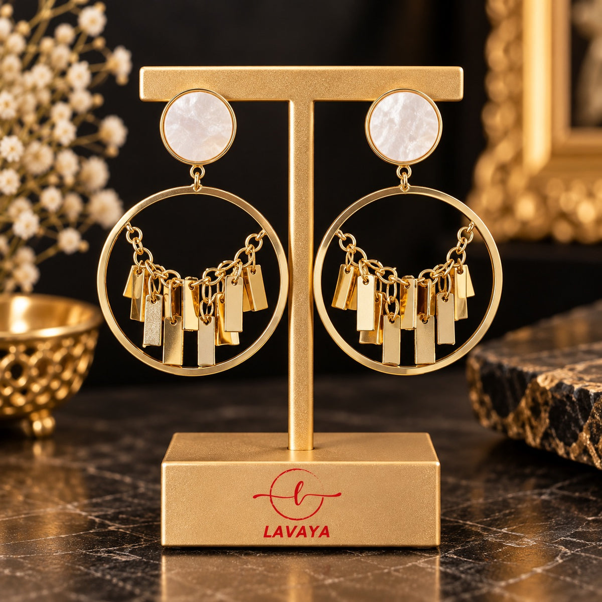 Lavaya Luxury Gold-Tone Mother of Pearl Circular Hoop Drop Earrings for Women