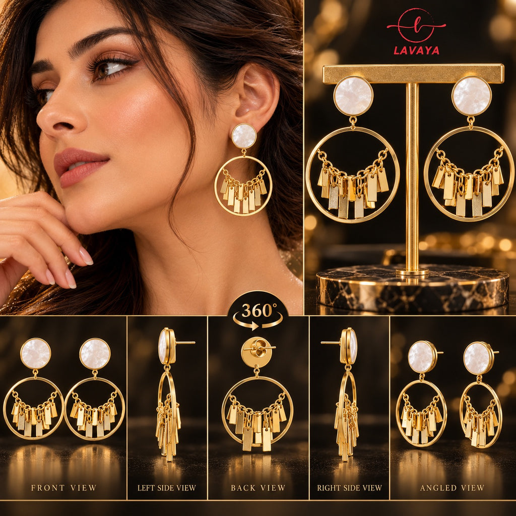 Lavaya Luxury Gold-Tone Mother of Pearl Circular Hoop Drop Earrings for Women