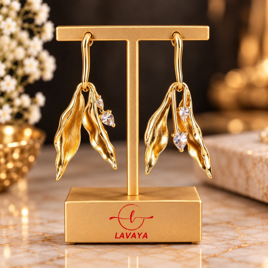 Lavaya Premium Gold-Tone Leaf Drop Earrings for Women – Elegant Sculptural Floral Design with Sparkling Crystal Accents, Modern Statement Fashion Jewellery