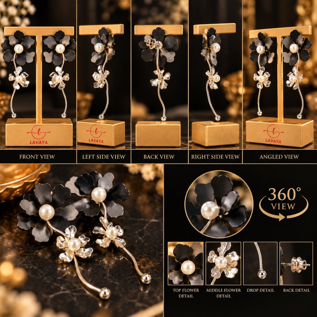 Lavaya Elegant Black & Silver Floral Pearl Drop Earrings for Women – Premium Dual Flower Design with Delicate Curved Danglers, Modern Statement Jewellery.  NO PRICE