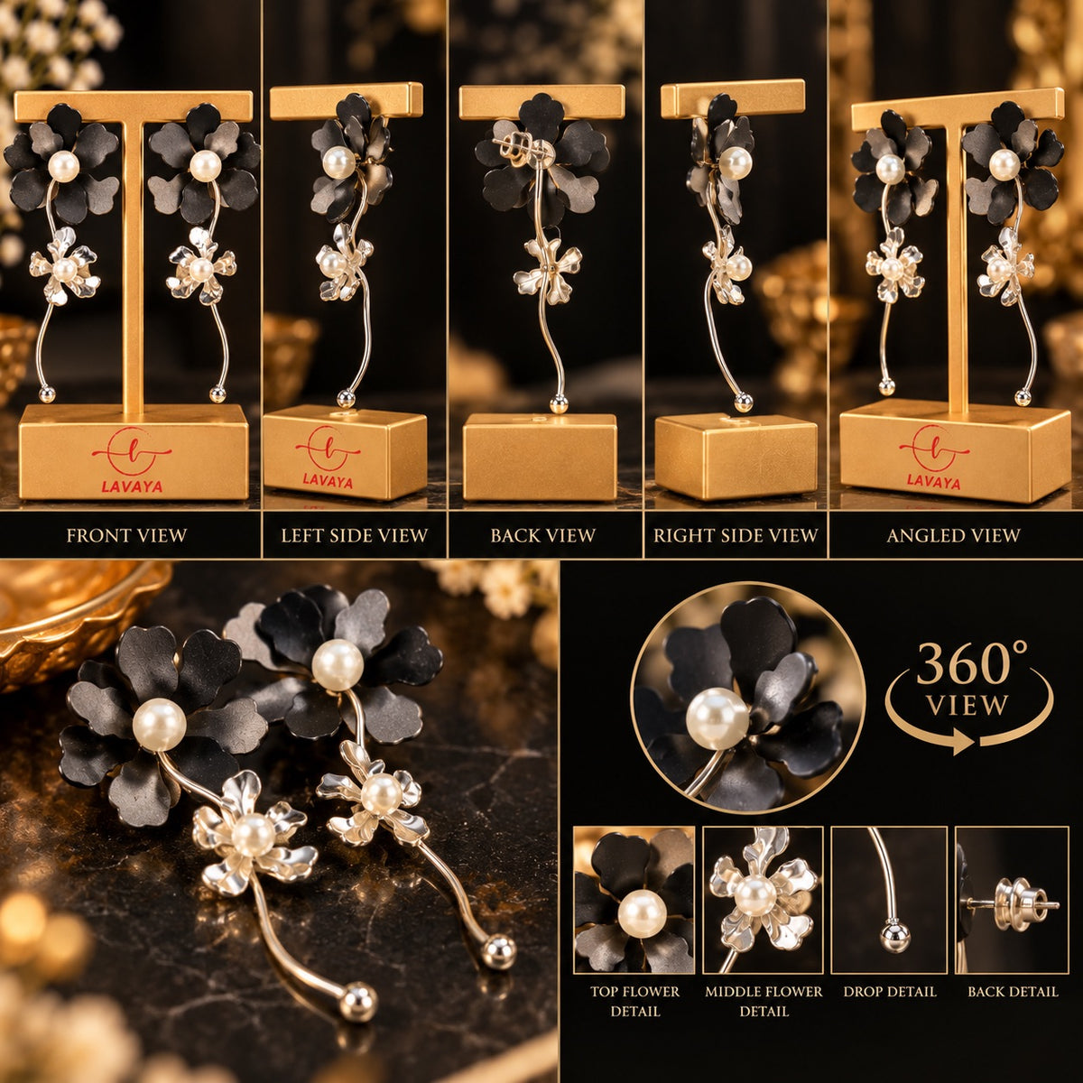 Lavaya Elegant Black & Silver Floral Pearl Drop Earrings for Women – Premium Dual Flower Design with Delicate Curved Danglers, Modern Statement Jewellery.  NO PRICE