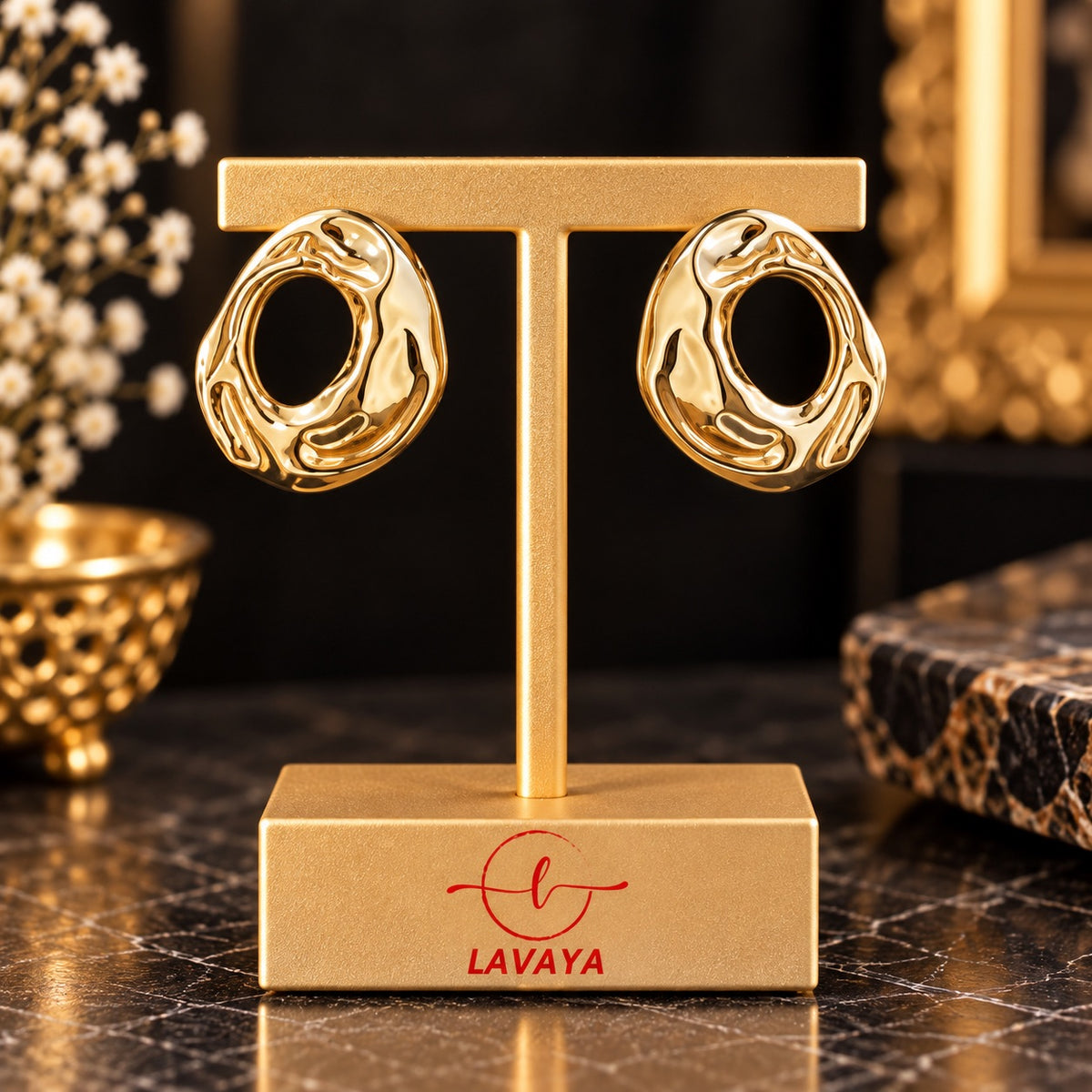 Lavaya Luxury Gold-Tone Abstract Sculptural Hollow Stud Earrings for Women