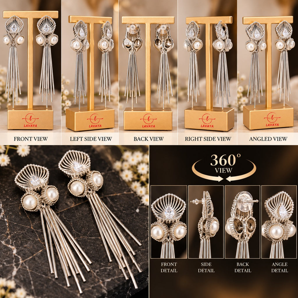 Lavaya Elegant Silver Pearl Tassel Drop Earrings for Women – Premium Crystal Studded Floral Design with Long Metallic Danglers, Statement Jewellery   NO PRICE