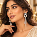 Lavaya Elegant Silver Pearl Tassel Drop Earrings for Women – Premium Crystal Studded Floral Design with Long Metallic Danglers, Statement Jewellery   NO PRICE