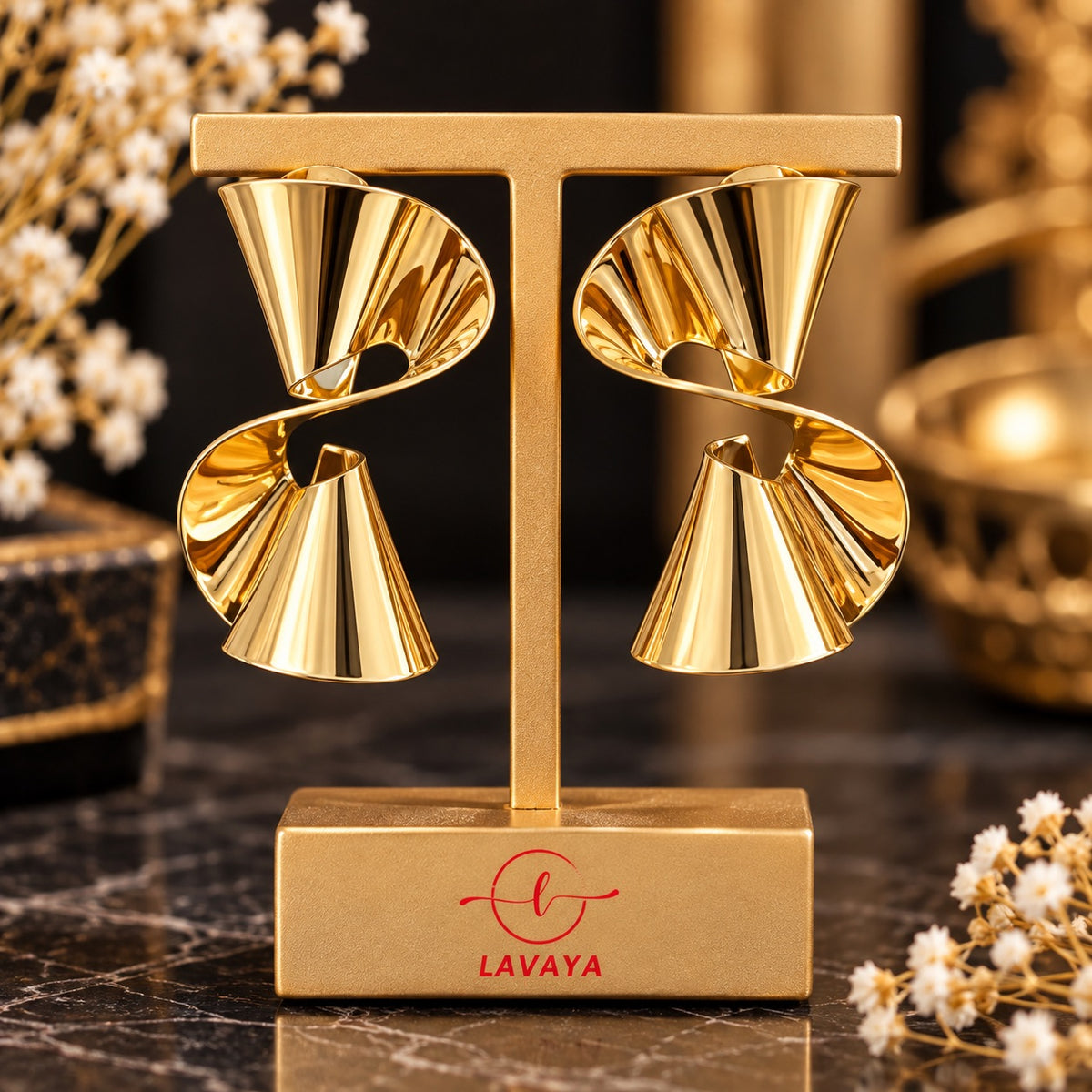 Lavaya Luxury Gold-Tone Sculptural Twist Statement Earrings for Women – Premium Modern Geometric Designer Party Wear Jewellery