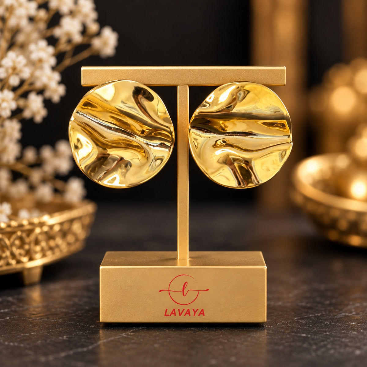 Lavaya Luxury Gold-Tone Round Sculptural Stud Earrings for Women – Premium Wavy Textured Geometric Statement Jewellery