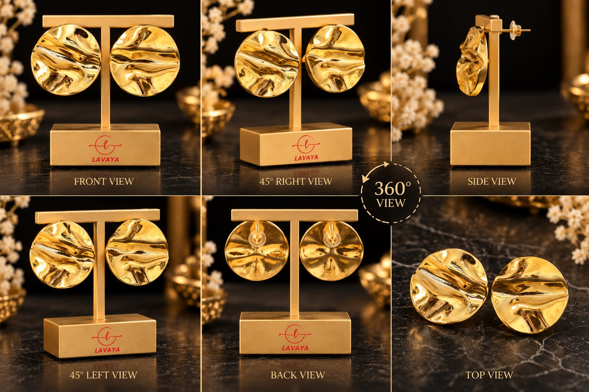 Lavaya Luxury Gold-Tone Round Sculptural Stud Earrings for Women – Premium Wavy Textured Geometric Statement Jewellery