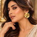 Lavaya Luxury Gold-Tone Round Sculptural Stud Earrings for Women – Premium Wavy Textured Geometric Statement Jewellery