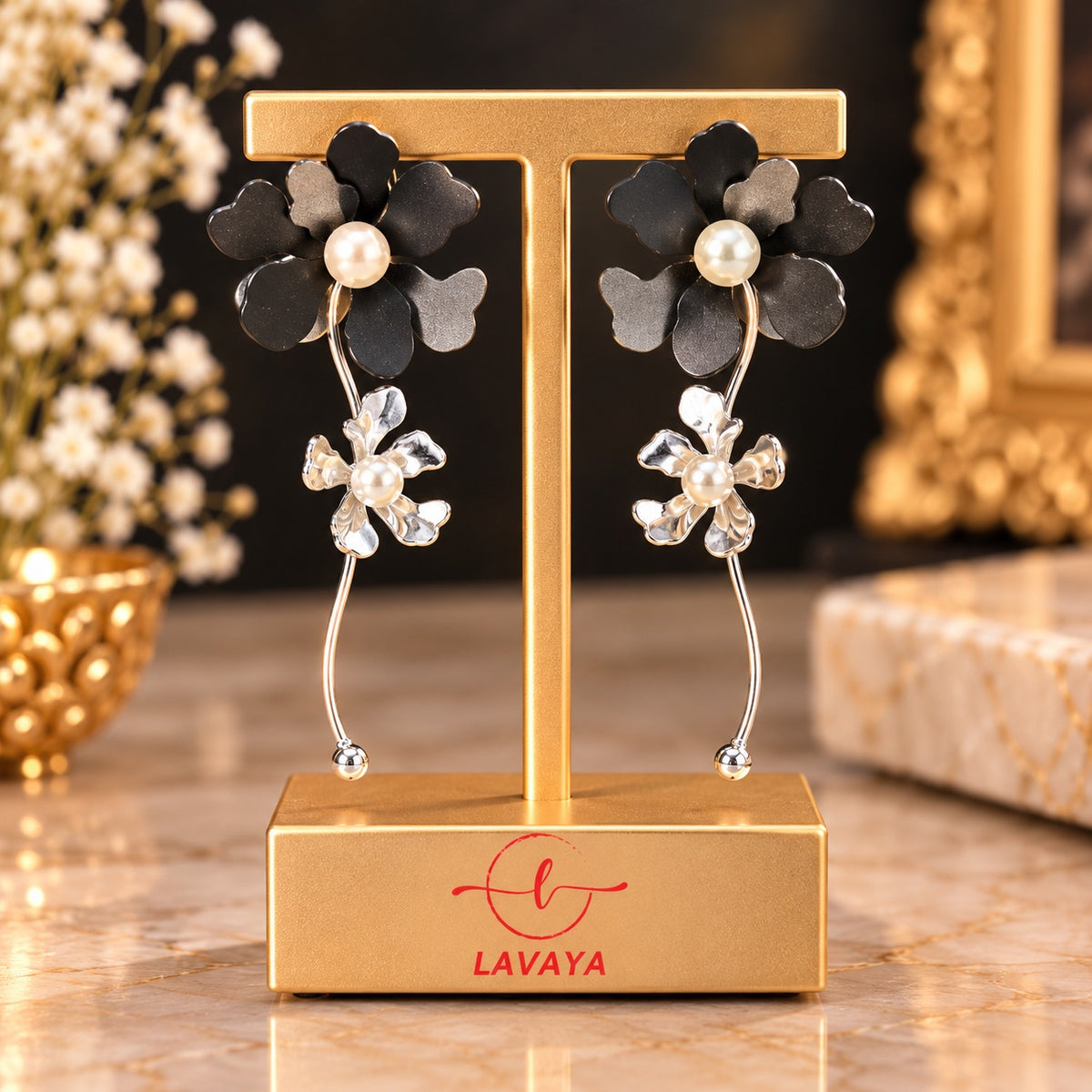 Lavaya Elegant Black & Silver Floral Pearl Drop Earrings for Women – Premium Dual Flower Design with Delicate Curved Danglers, Modern Statement Jewellery.  NO PRICE