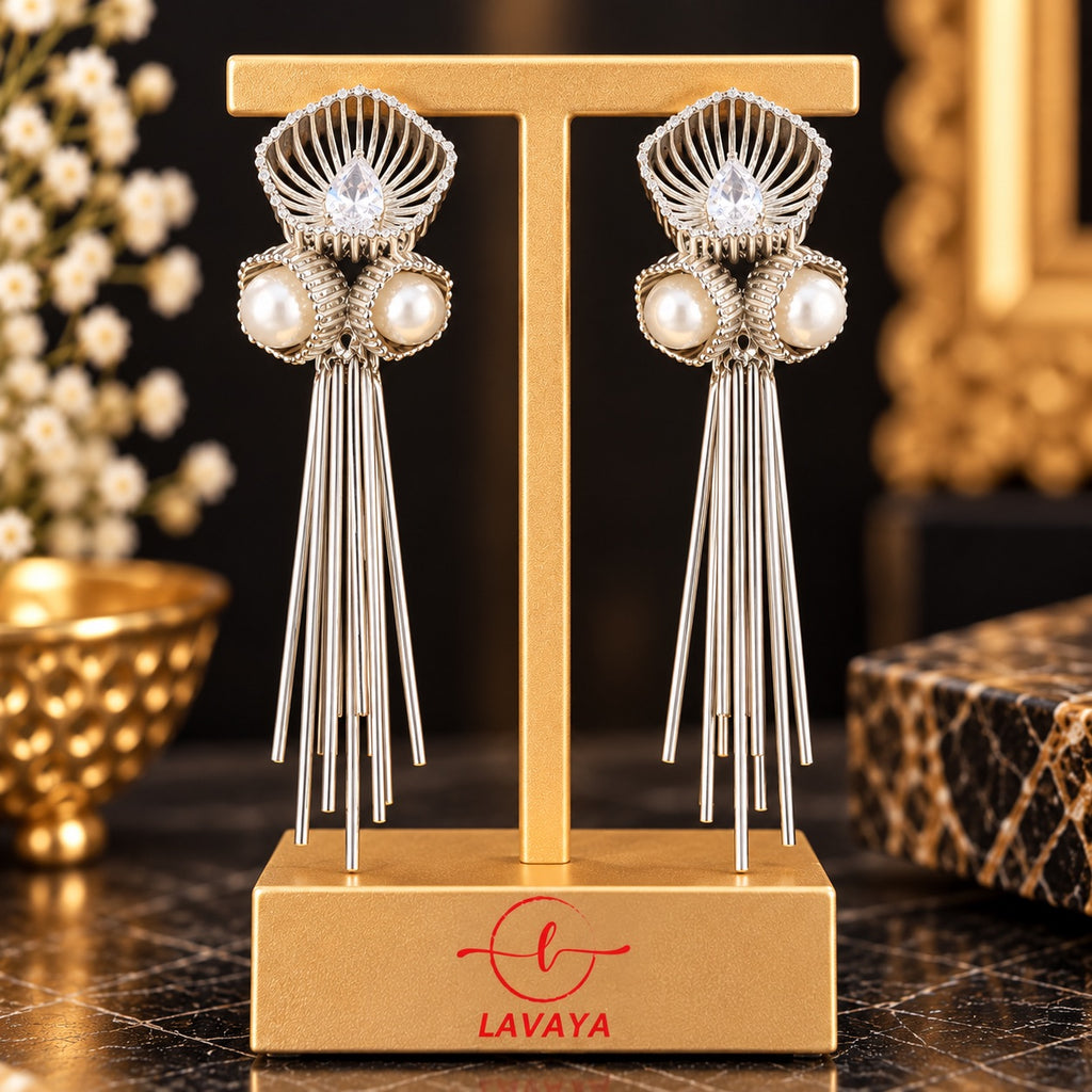 Lavaya Elegant Silver Pearl Tassel Drop Earrings for Women – Premium Crystal Studded Floral Design with Long Metallic Danglers, Statement Jewellery   NO PRICE