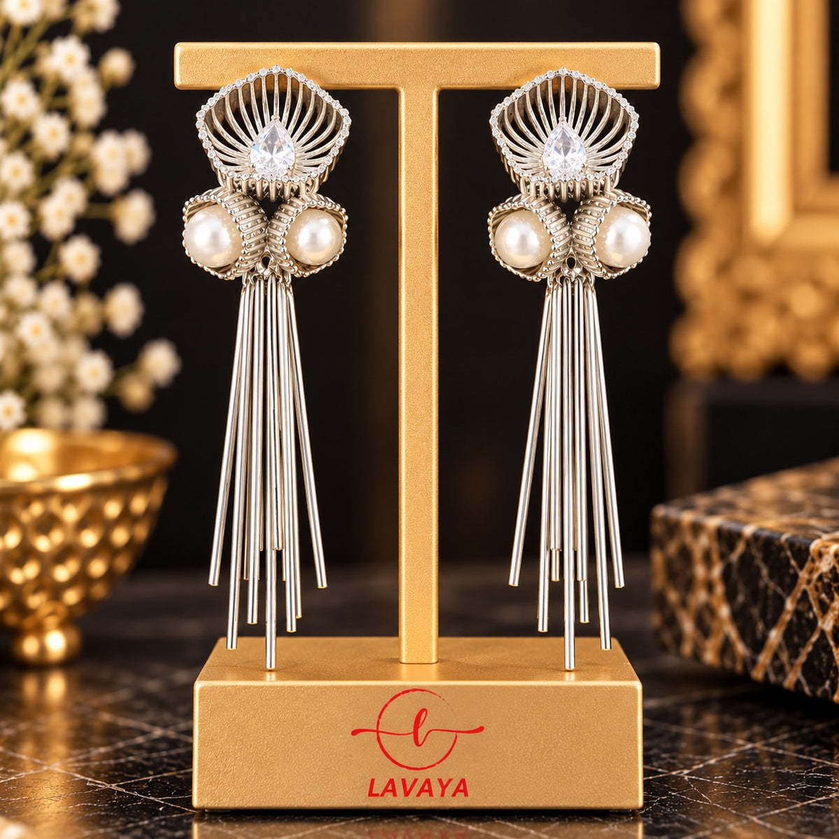 Lavaya Elegant Silver Pearl Tassel Drop Earrings for Women – Premium Crystal Studded Floral Design with Long Metallic Danglers, Statement Jewellery   NO PRICE