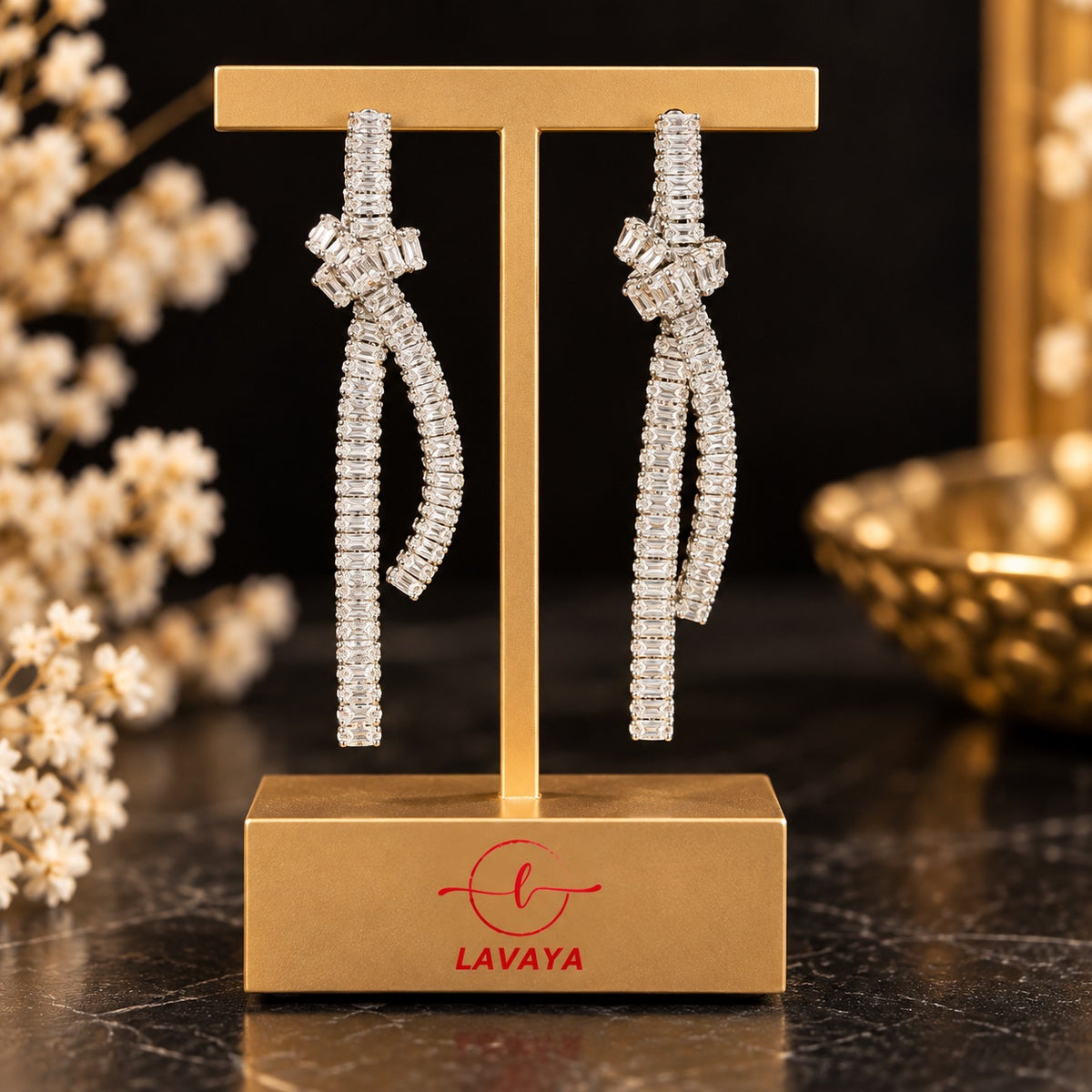 Lavaya Luxury Silver Crystal Knot Drop Earrings for Women – Premium Rhinestone Studded Double Strand Danglers with Elegant Twisted Design, Statement Jewellery.  NO PRICE