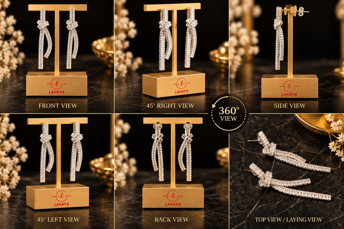 Lavaya Luxury Silver Crystal Knot Drop Earrings for Women – Premium Rhinestone Studded Double Strand Danglers with Elegant Twisted Design, Statement Jewellery.  NO PRICE