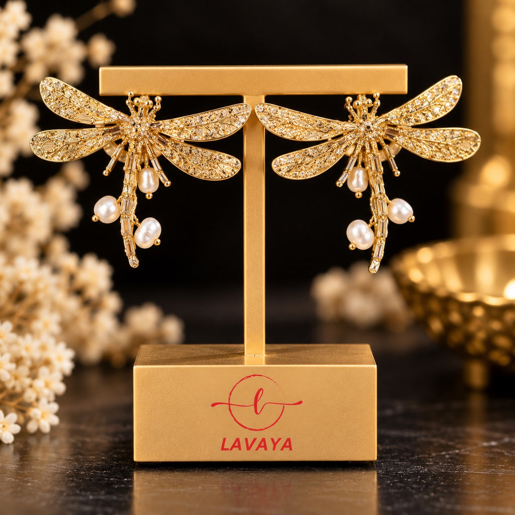 Lavaya Luxury Golden Dragonfly Pearl Drop Earrings for Women – Premium Crystal Studded Butterfly-Inspired Design with Elegant Pearl Danglers, Statement Jewellery NO PRICE