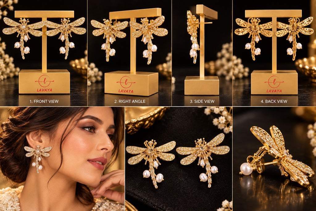 Lavaya Luxury Golden Dragonfly Pearl Drop Earrings for Women – Premium Crystal Studded Butterfly-Inspired Design with Elegant Pearl Danglers, Statement Jewellery NO PRICE