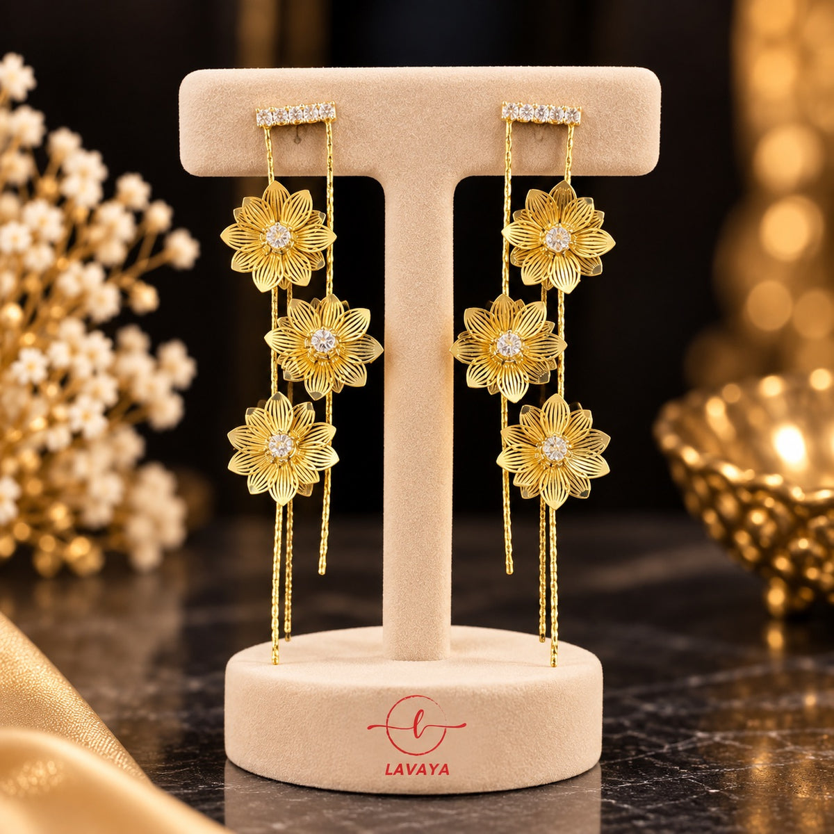 Lavaya Elegant Golden Floral Cascade Drop Earrings for Women – Premium Crystal Studded Triple Flower Design with Delicate Chain Tassels, Statement Jewellery  NO PRICE