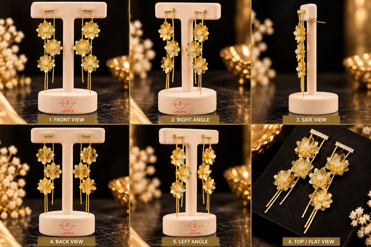 Lavaya Elegant Golden Floral Cascade Drop Earrings for Women – Premium Crystal Studded Triple Flower Design with Delicate Chain Tassels, Statement Jewellery  NO PRICE
