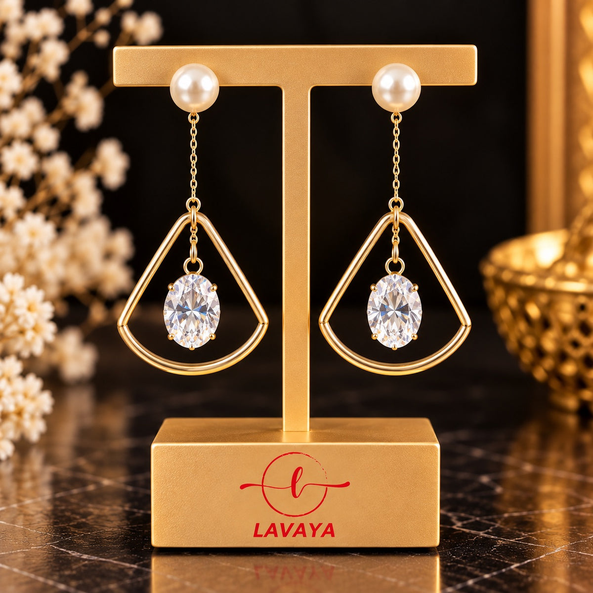 Lavaya Luxury Gold-Tone Pearl & Crystal Geometric Drop Earrings for Women – Premium Elegant Designer Long Dangle Statement Jewellery