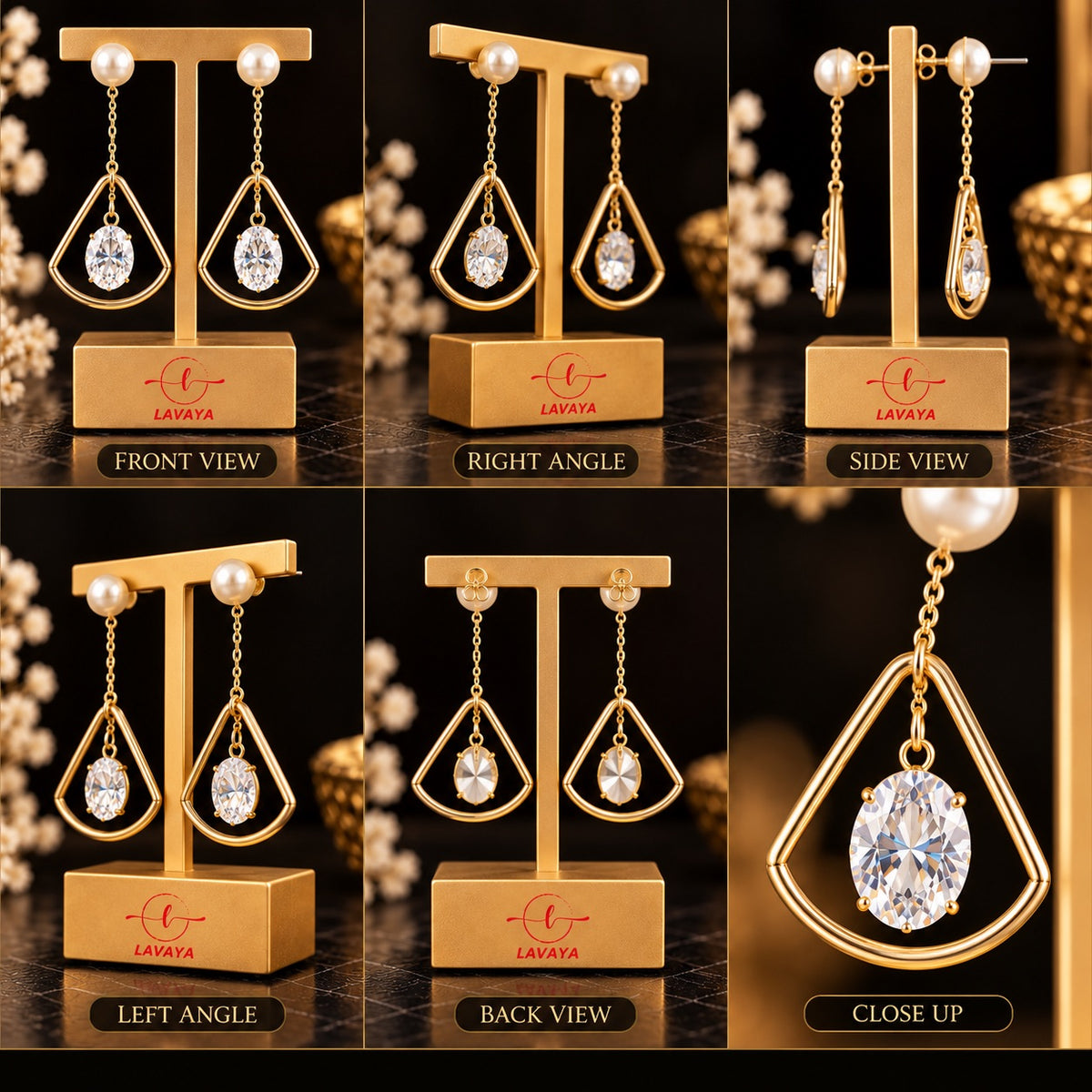 Lavaya Luxury Gold-Tone Pearl & Crystal Geometric Drop Earrings for Women – Premium Elegant Designer Long Dangle Statement Jewellery