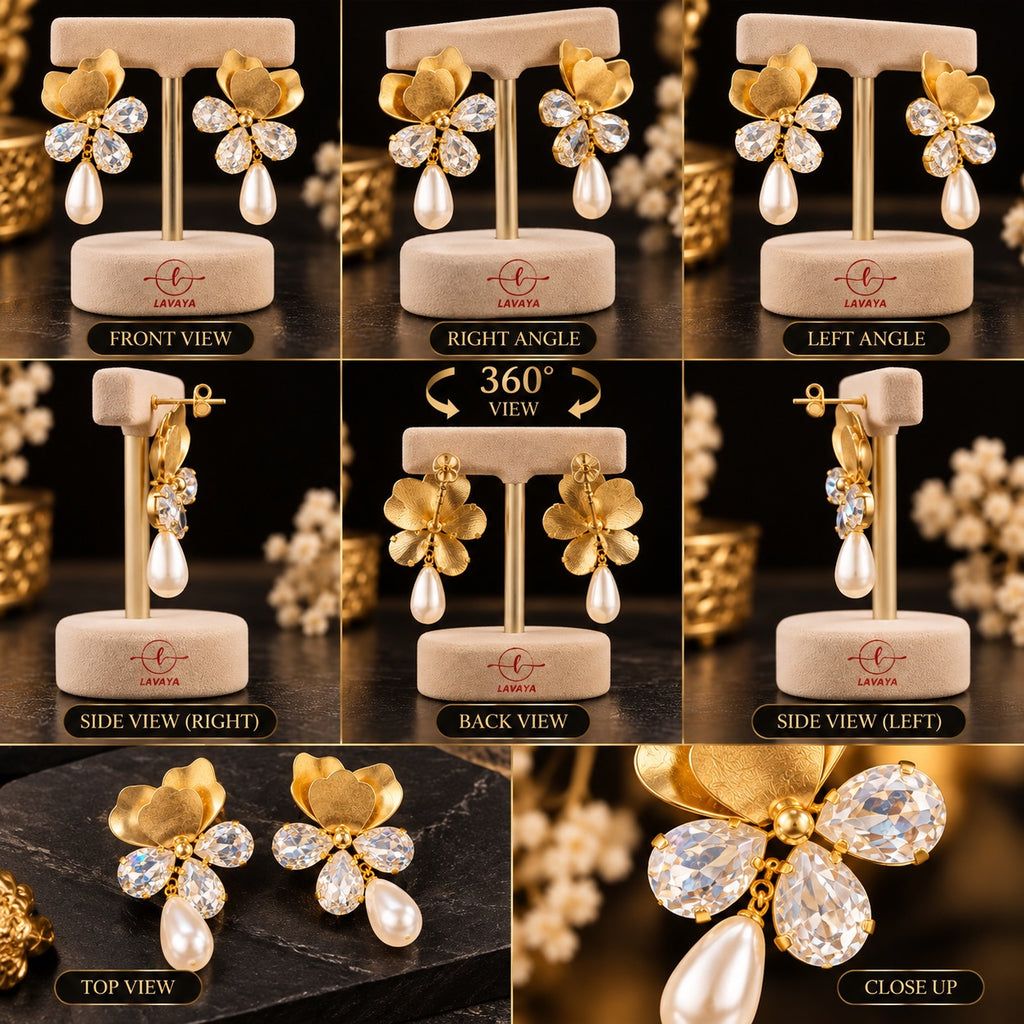 Lavaya Luxury Golden Floral Crystal Earrings with Elegant Pearl Drop – Premium Designer Statement Earrings for Women