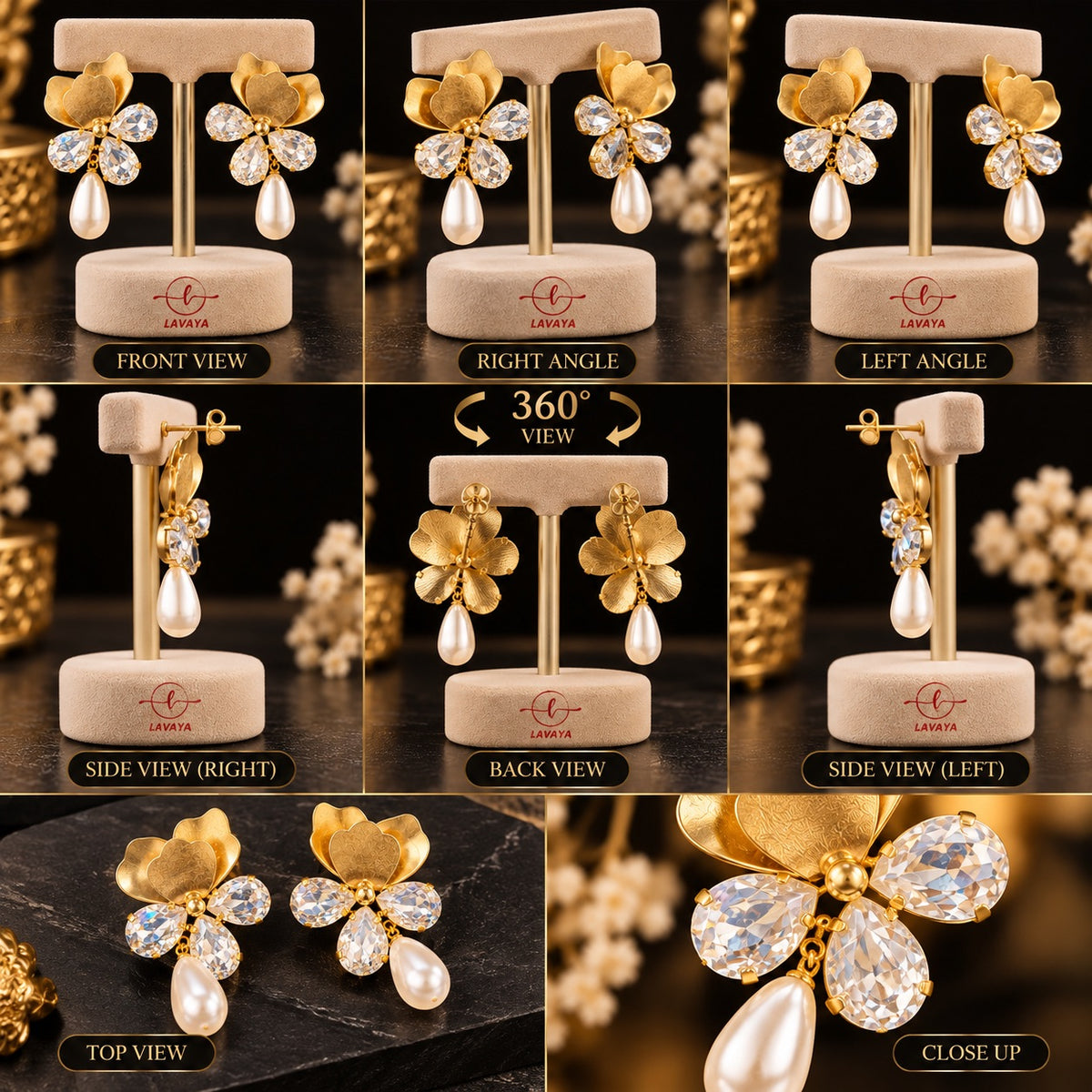 Lavaya Luxury Golden Floral Crystal Earrings with Elegant Pearl Drop – Premium Designer Statement Earrings for Women