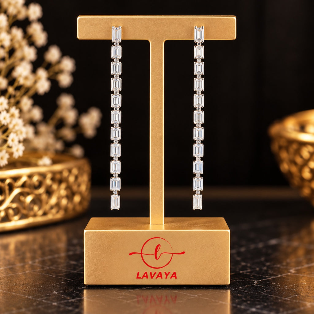 Lavaya Luxury Silver-Tone Baguette Crystal Long Drop Earrings for Women – Premium Elegant Linear Dangle Statement Party Wear Jewellery