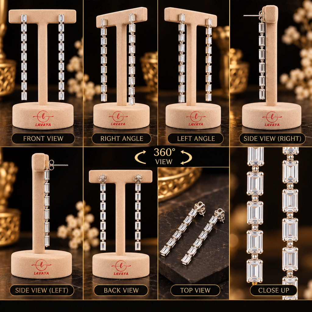 Lavaya Luxury Silver-Tone Baguette Crystal Long Drop Earrings for Women – Premium Elegant Linear Dangle Statement Party Wear Jewellery
