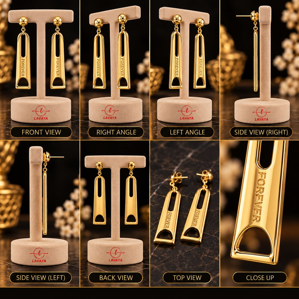 Elegant Gold-Tone Forever Engraved Long Bar Drop Earrings for Women