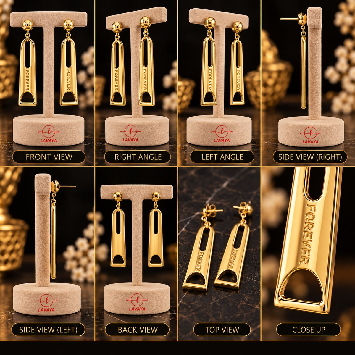 Elegant Gold-Tone Forever Engraved Long Bar Drop Earrings for Women