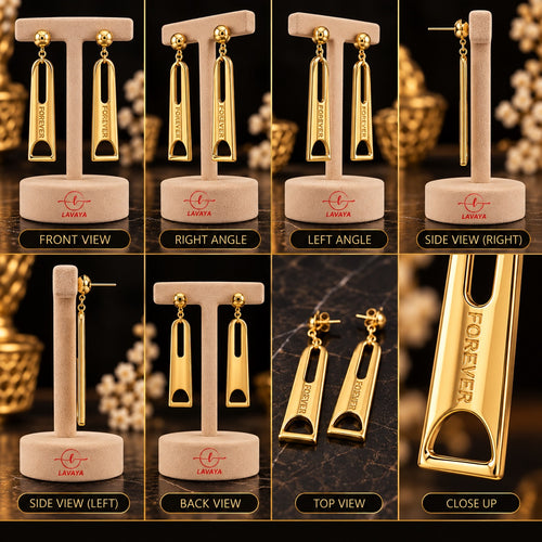 Elegant Gold-Tone Forever Engraved Long Bar Drop Earrings for Women
