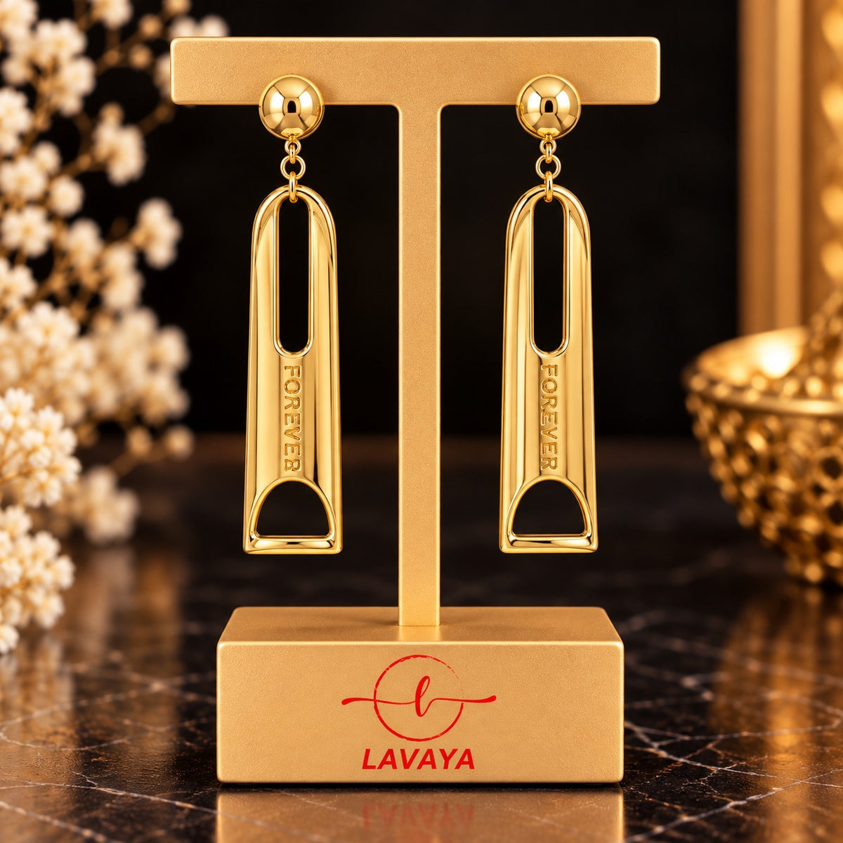 Elegant Gold-Tone Forever Engraved Long Bar Drop Earrings for Women