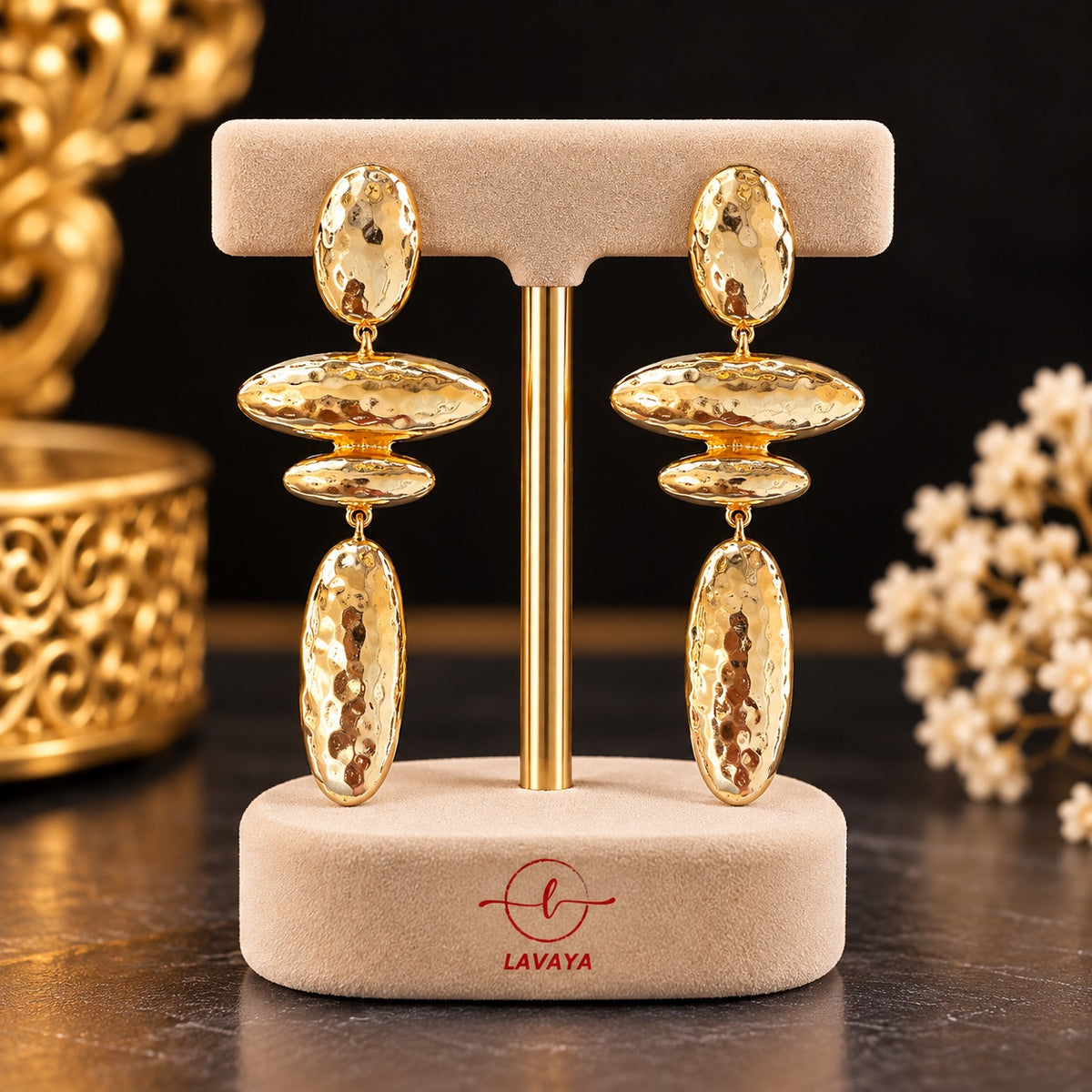 Lavaya Luxury Gold-Tone Hammered Geometric Drop Earrings for Women – Elegant Modern Designer Statement Earrings for Party, Wedding & Festive Wear