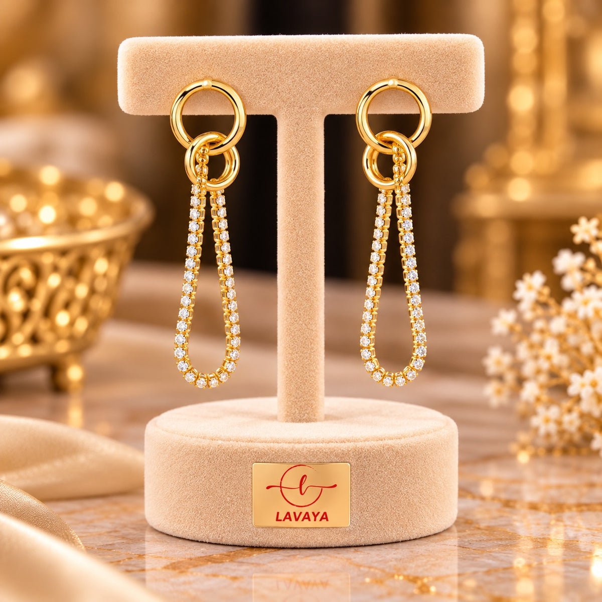 Elegant Gold-Tone Crystal Studded Double Hoop Long Drop Earrings for Women