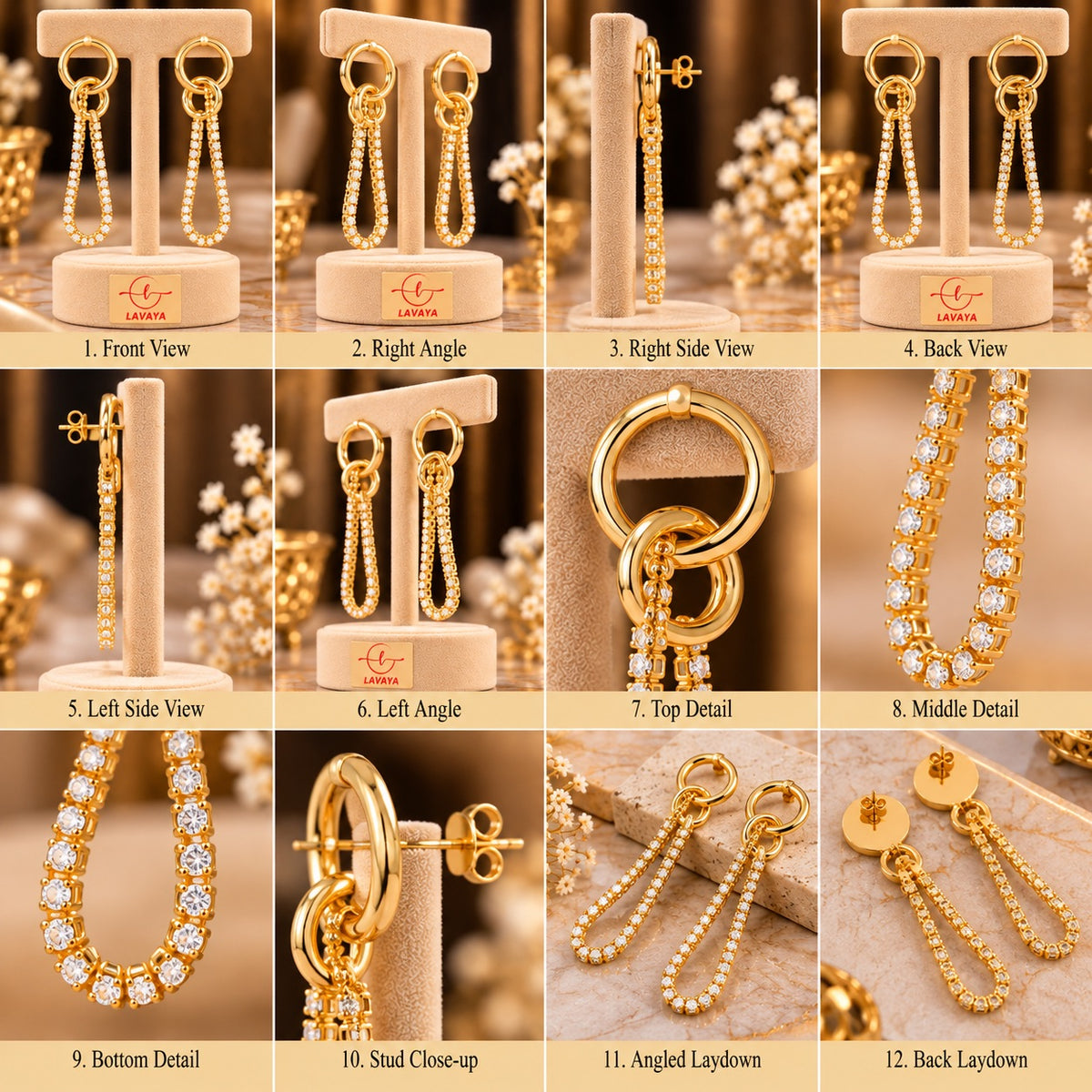 Elegant Gold-Tone Crystal Studded Double Hoop Long Drop Earrings for Women