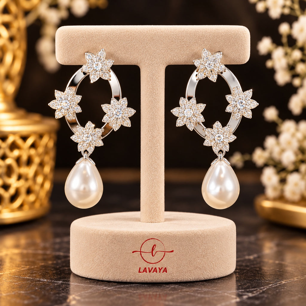 Elegant Silver-Tone Crystal Floral Hoop Earrings with Pearl Drops for Women
