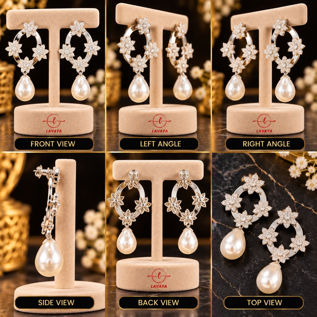 Elegant Silver-Tone Crystal Floral Hoop Earrings with Pearl Drops for Women