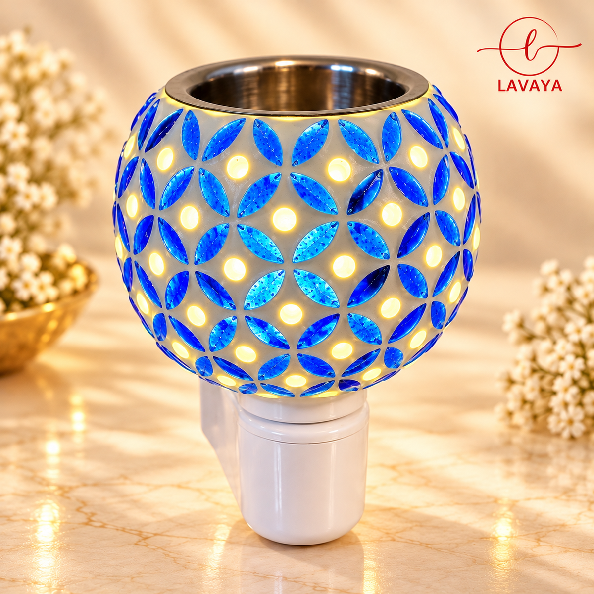 Lavaya Premium Blue Mosaic LED Plug-In Aroma Diffuser Lamp – Decorative Electric Fragrance Warmer & Night Light for Home