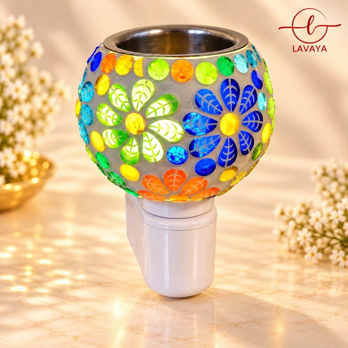 Lavaya Premium Multicolor Floral Mosaic LED Plug-In Aroma Diffuser Lamp – Decorative Electric Fragrance Warmer & Night Light for Home