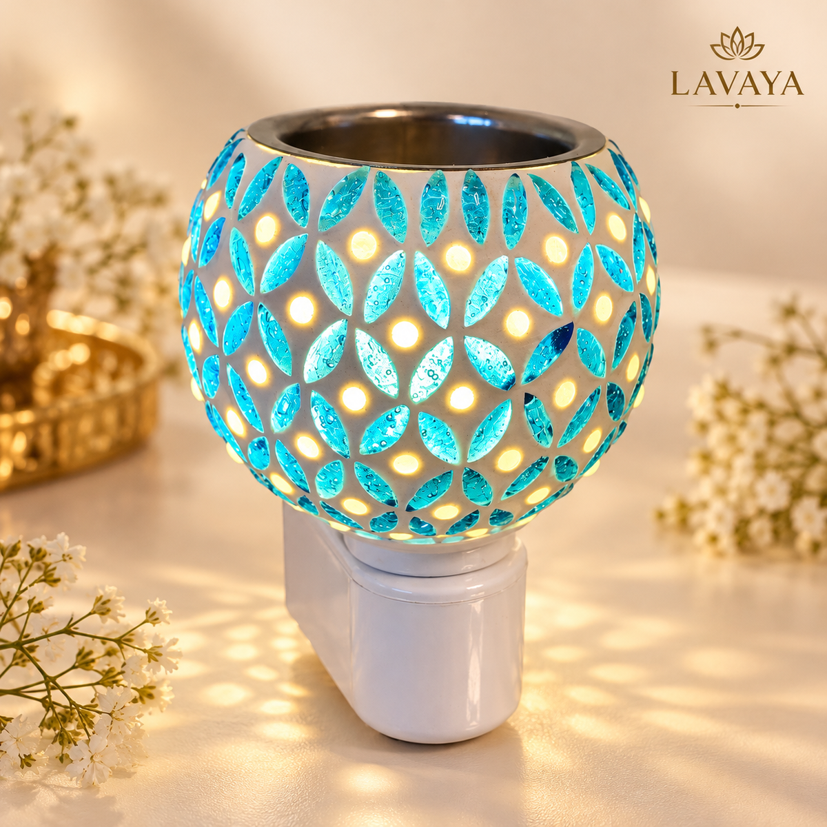 Lavaya Premium Aqua Blue Mosaic LED Plug-In Aroma Diffuser Lamp – Decorative Electric Fragrance Warmer & Night Light for Home